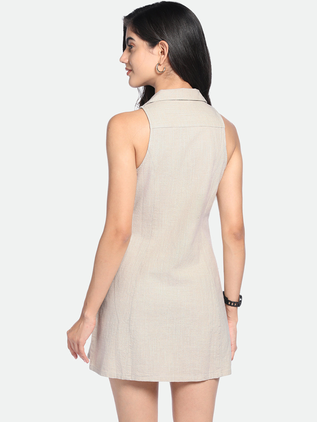 V-Neck A-Line Fit Solid Offwhite Dress