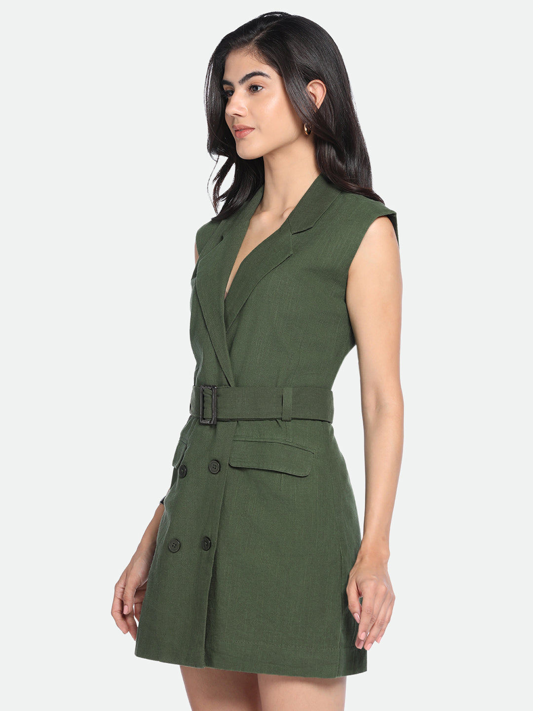 DL Woman Olive V-Neck Belted Knee Length Blazer Dress