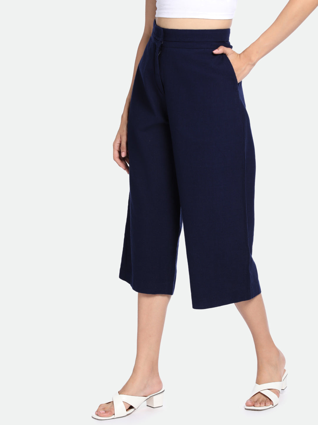 DL Woman Navy Blue Cotton Regular Fit Trousers