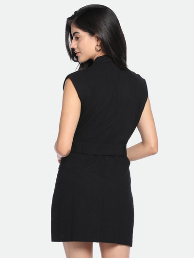 DL Woman Black V-Neck Belted Knee Length Blazer Dress
