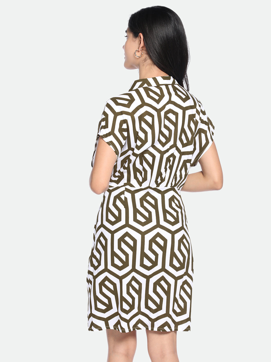 Shirt Collar Regular Fit Printed Brown Dress