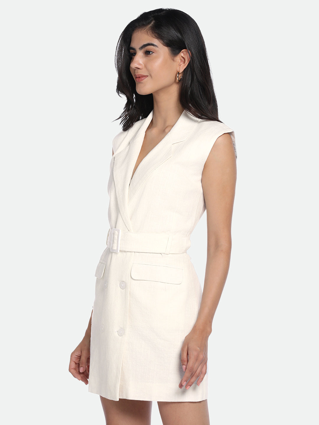 V-Neck Regular Fit Solid Off-White Dress