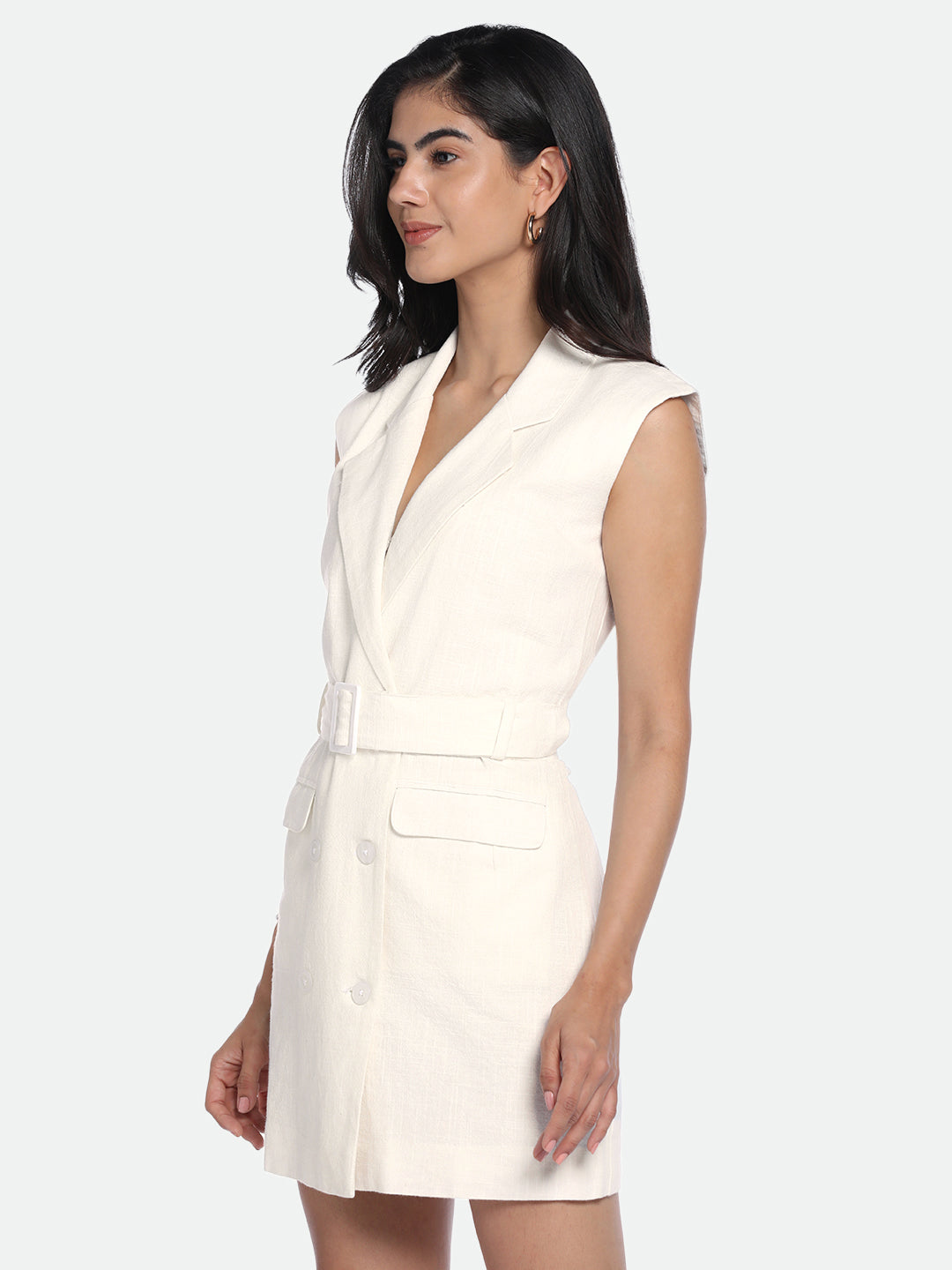 DL Woman Off-White V-Neck Belted Knee Length Blazer Dress