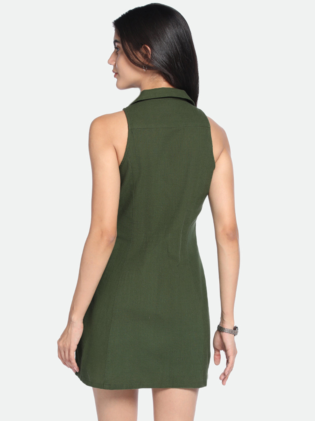 V-Neck A-Line Fit Solid Olive Dress