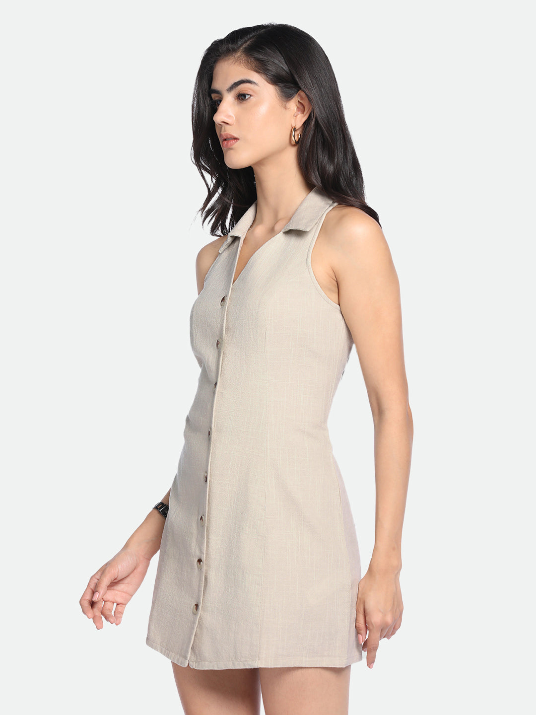 V-Neck A-Line Fit Solid Offwhite Dress
