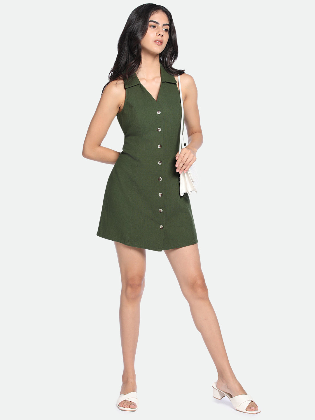 DL Woman V-Neck A-Line Fit Solid Olive Dress