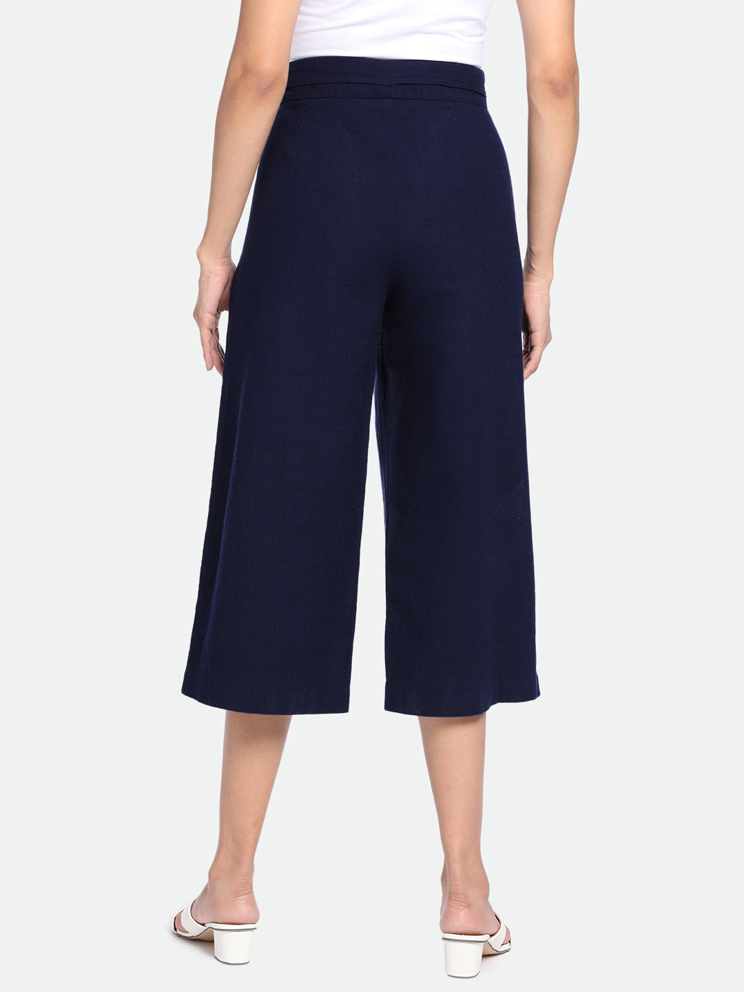 DL Woman Navy Blue Cotton Regular Fit Trousers