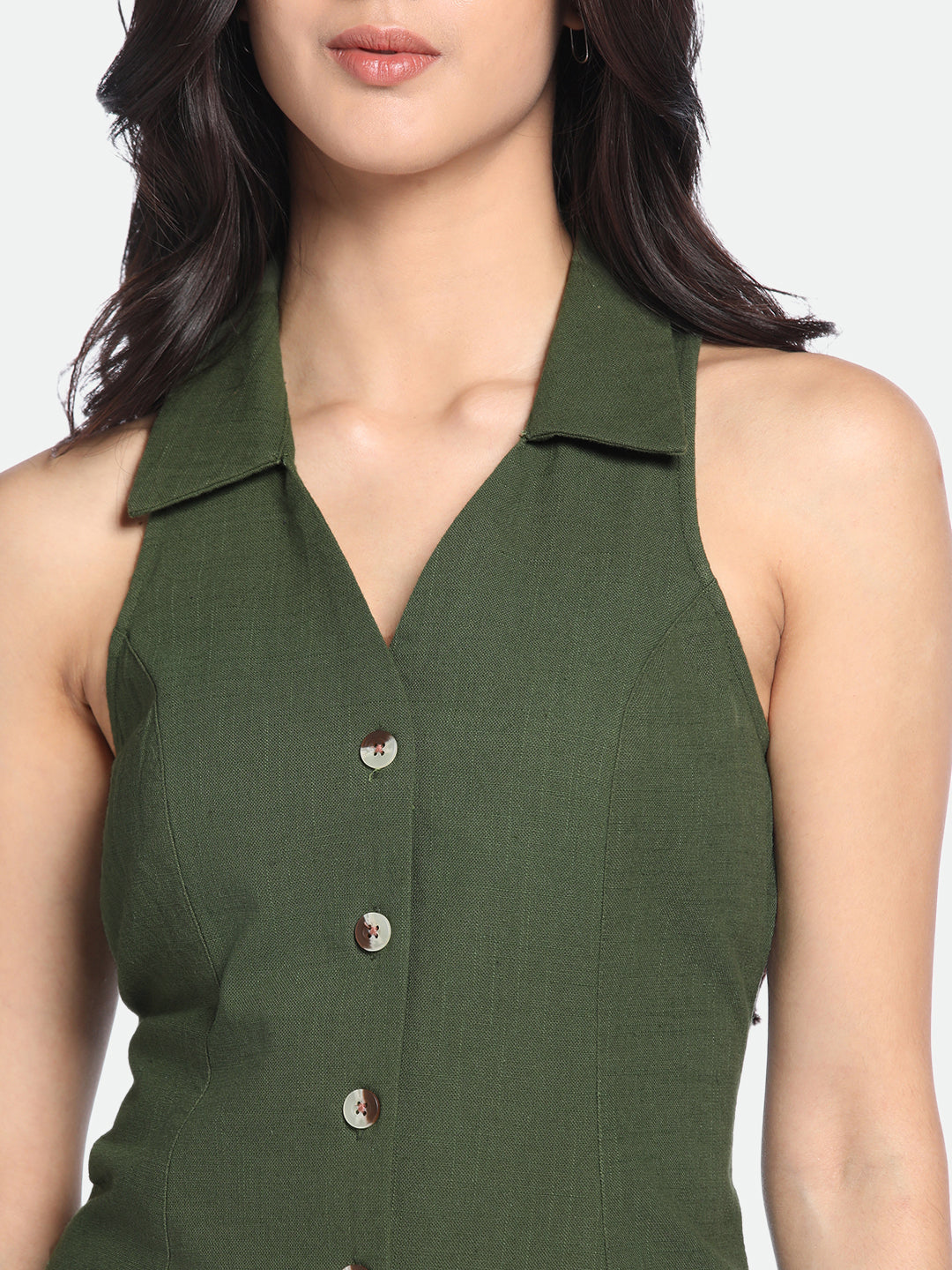 DL Woman V-Neck A-Line Fit Solid Olive Dress