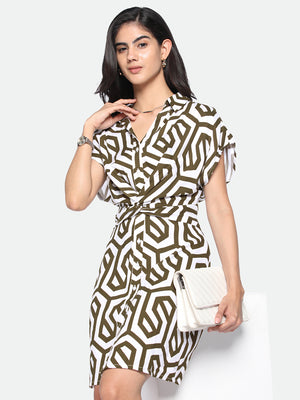 Shirt Collar Regular Fit Printed Brown Dress