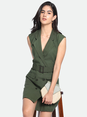 V-Neck Regular Fit Solid Olive Dress