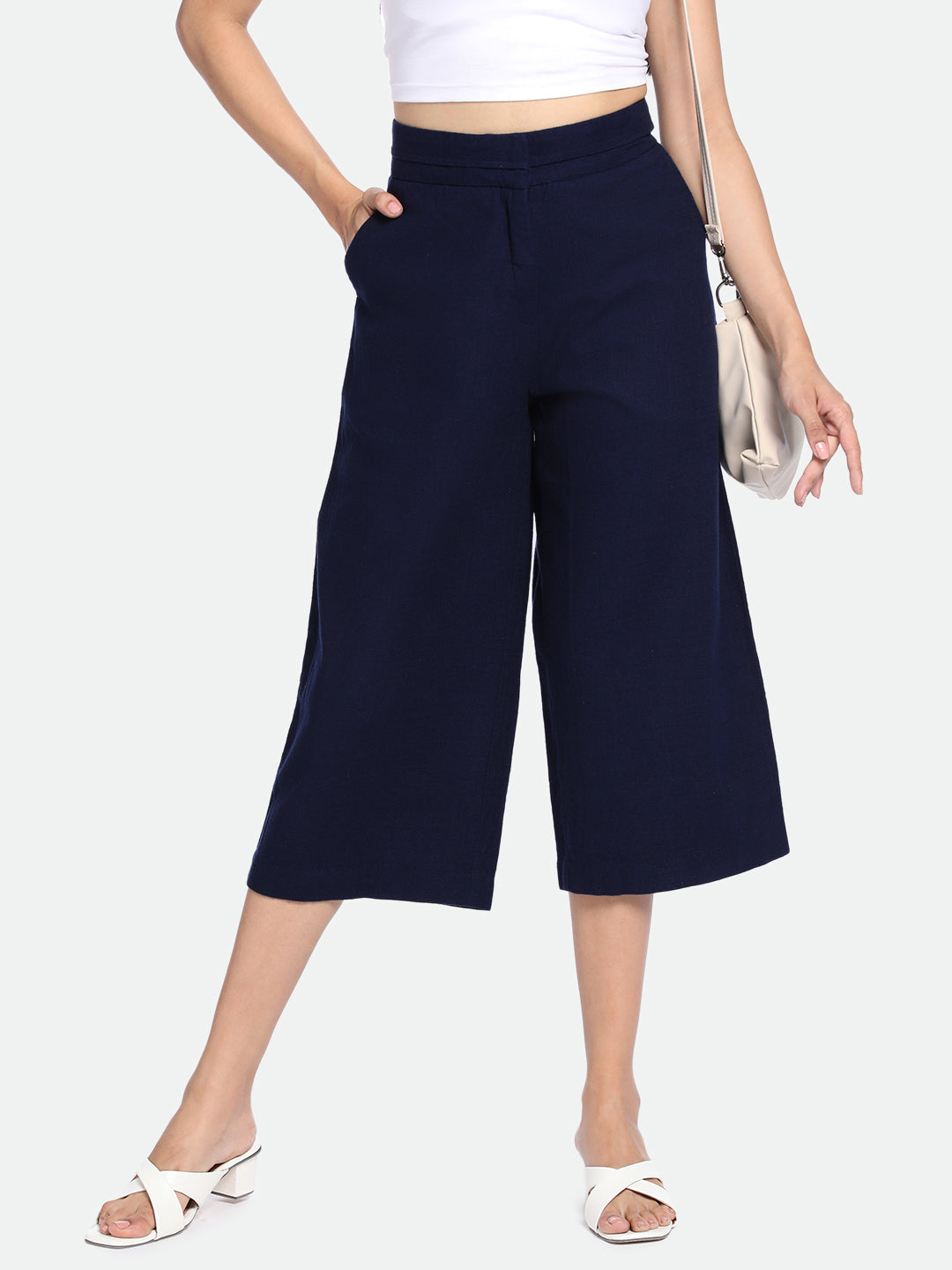 DL Woman Navy Blue Cotton Regular Fit Trousers