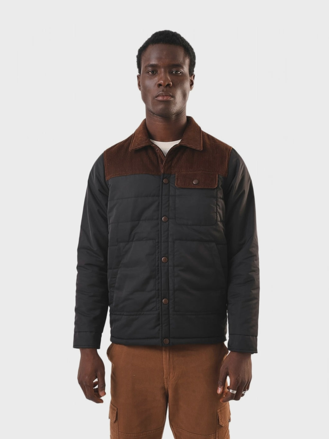 Men's Black & Brown Colourblocked Spread Collar Full Sleeves Puffer Jacket