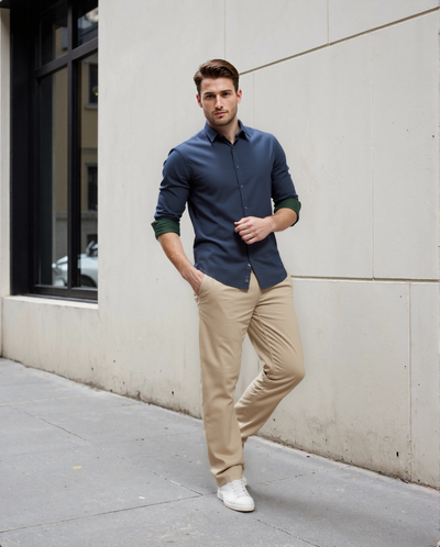 Men Navy Solid Spread Collar Full Sleeves Regular Fit Casual Shirt