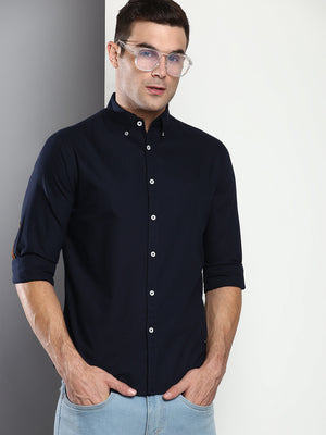 Men's Solid Slim Fit Cotton Oxford Casual Shirt With Button-Down Collar & Full Sleeves