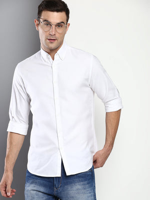 Men's Solid Slim Fit Cotton Oxford Casual Shirt With Button-Down Collar & Full Sleeves