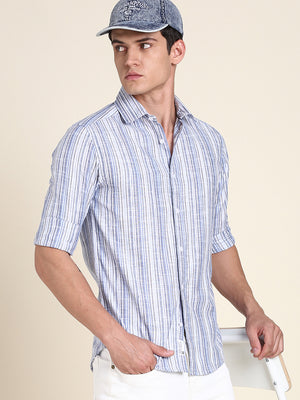 Men's Blue Striped Half Sleeves Casual Shirt