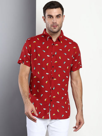 Men's Floral Red Slim Fit Rayon Casual Shirt With Spread Collar & Half Sleeves