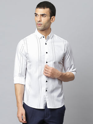 Men's Spread Collar Striped Slim Fit Fulll Sleves Shirts (White)