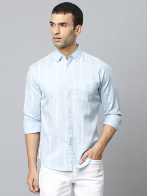 Men's Striped Sky Blue Slim Fit Cotton Casual Shirt