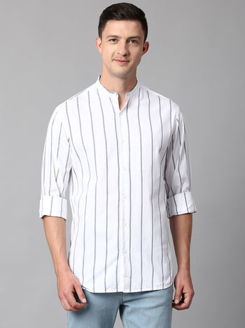 Men's Striped White Slim Fit Casual Shirt With Mandarin Collar