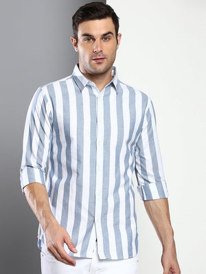 Men's Striped Navy Slim Fit Oxford Cotton Casual Shirt With Spread Collar & Full Sleeves (C9038_Navy_S)