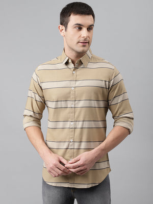 Men's Stripes Brown Slim Fit Cotton Casual Shirt
