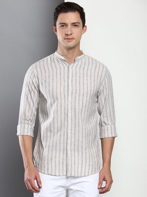 Men's Stripes Fawn Slim Fit Linen Casual Shirt With Mandarin Collar & Full Sleeves