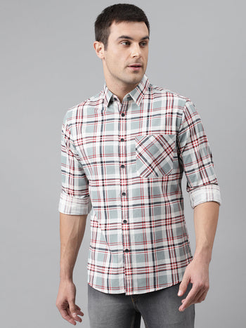 Men's Single Patch Pocket Checkered Slim Fit Cotton Casual Shirt