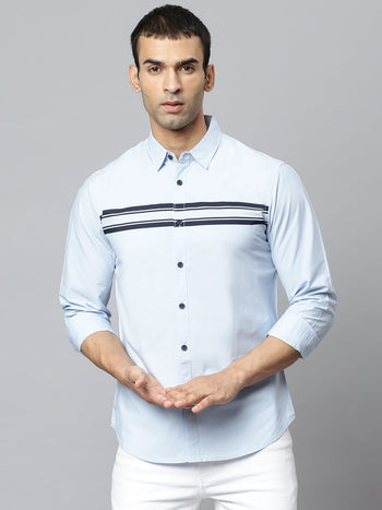 Men's Horizontal Stripes Spread Collar Full Sleeves Shirt (Sky Blue)