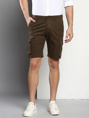 Men's Olive Slim Fit Mid Rise Casual Cotton Shorts