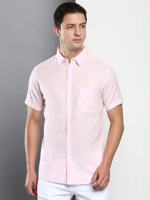 Men's Solid Pink Slim Fit Cotton Linen Casual Shirt With Spread Collar & Half Sleeves