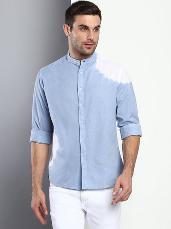 Men's Ombre Dusty Blue Slim Fit Cotton Casual Shirt With Mandarin Collar & Full Sleeves