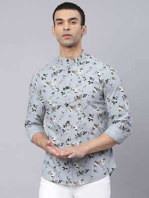 Men's Floral Print Dusty Teal Slim Fit Cotton Casual Shirt