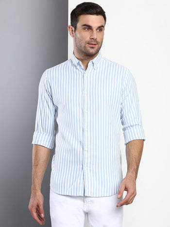 Men's Striped Sky Blue Slim Fit Cotton Casual Shirt With Button Down Collar & Full Sleeves