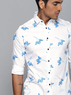 Men's Printed White Slim Fit Cotton Casual Shirt