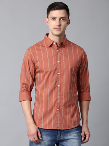Men's Striped Dusty Orange Slim Fit Casual Shirt With Spread Collar