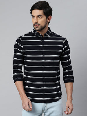 Men's Striped Navy Slim Fit Cotton Casual Shirt