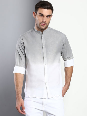 Men's Ombre Slate Slim Fit Cotton Casual Shirt With Mandarin Collar & Full Sleeves