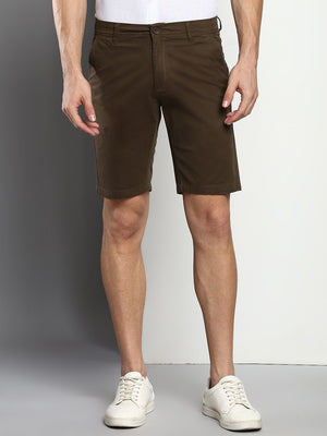 Men's Olive Slim Fit Mid Rise Casual Cotton Shorts