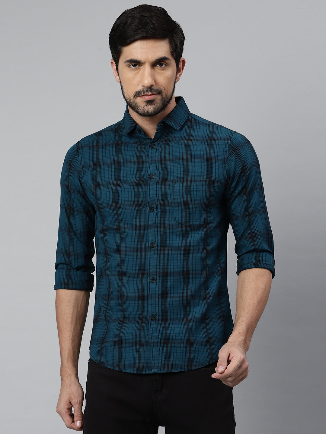 Men's Checkered Slim Fit Casual Shirt TEALBLUE S