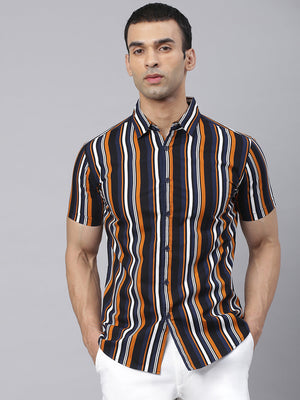 Men's Striped Mustard Slim Fit Cotton Casual Shirt