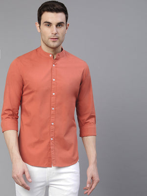 Men's Solid Mandarin Collar Dusty Orange Casual Shirt