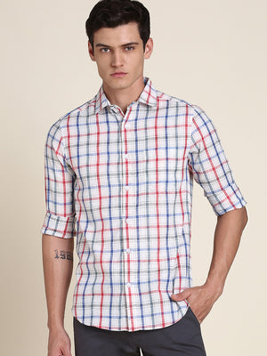 Men's White Small Checkered Slim Fit Casual Shirt