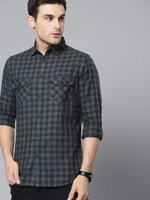 Men's Small Checkered Slim Fit Casual Shirt (Grey)
