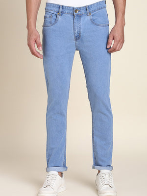 Men's Slim Fit Denim Blue Denim Jeans Waistband With Belt Loops Has A Button Rivet And Zip Closure