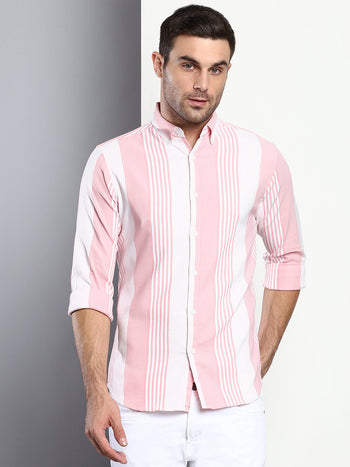 Men's Striped Pink Slim Fit Cotton Casual Shirt With Button Down Collar & Full Sleeves