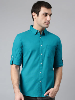 Men's Cotton Solid Peacock Slim Fit Casual Shirt