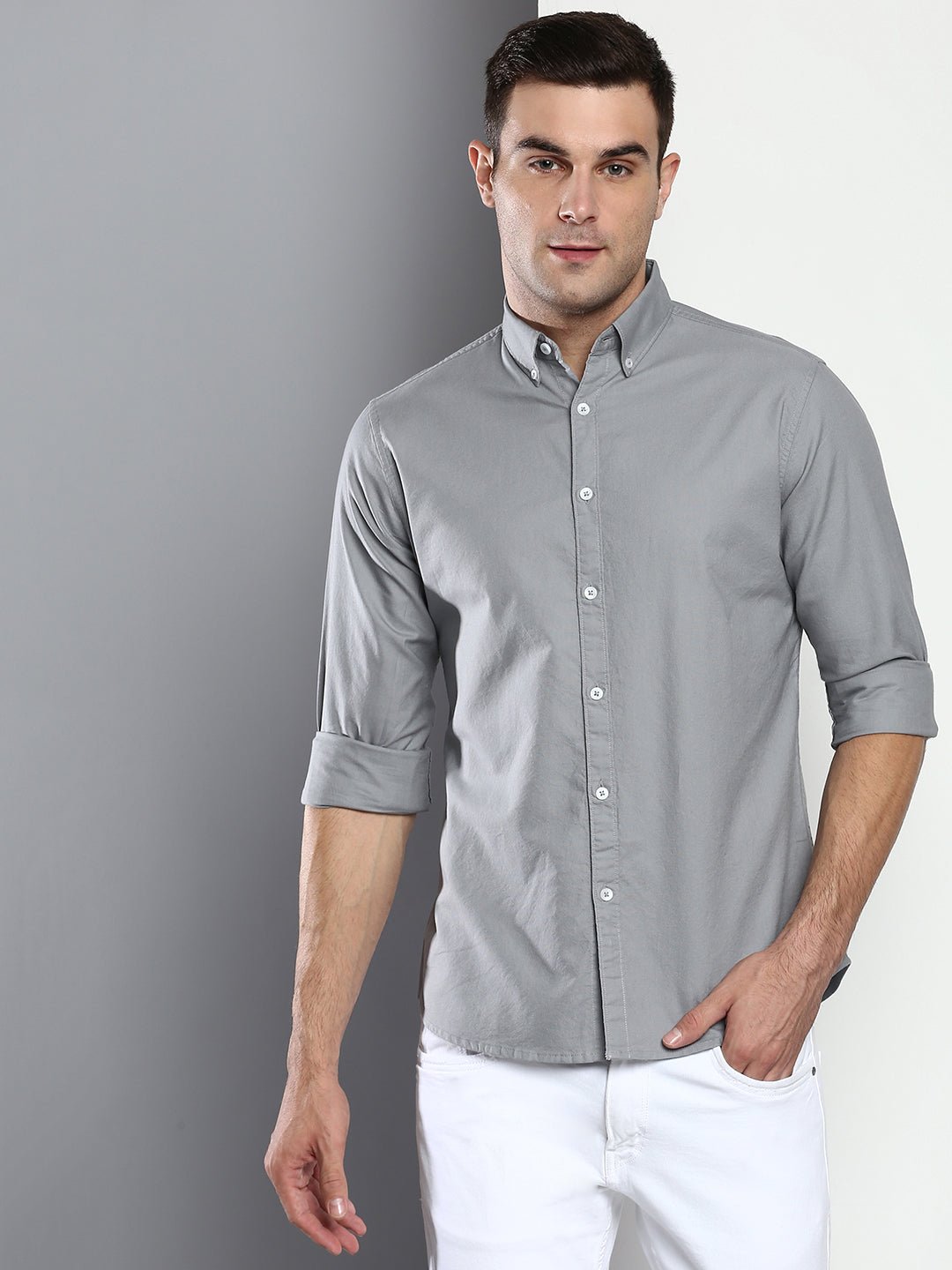 Men's Solid Slim Fit Cotton Oxford Casual Shirt with Button-Down Colla ...