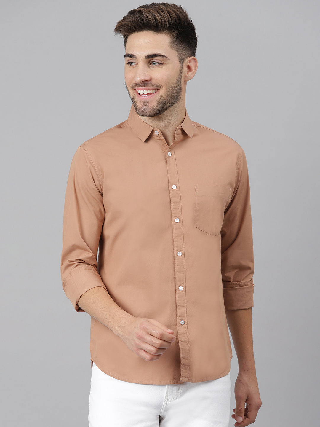 Men's Solid Camel Brown Slim Fit Cotton Casual Shirt – DENNIS LINGO