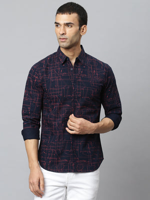 Men's Spread Collar Geometric Print Slim Fit Fulll Sleves Shirts (Navy)